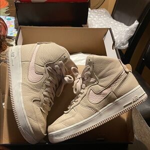 Nike AF1 Beige and Pink High-Top Sneakers